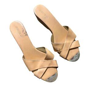 Jimmy Choo Womens 41 Nude Patent Leather Criss-Cross Wedge Slide Sandals